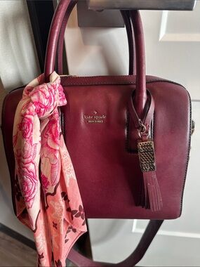 kate spade Burgundy Leather Satchel with Tassel and Scarf Accent